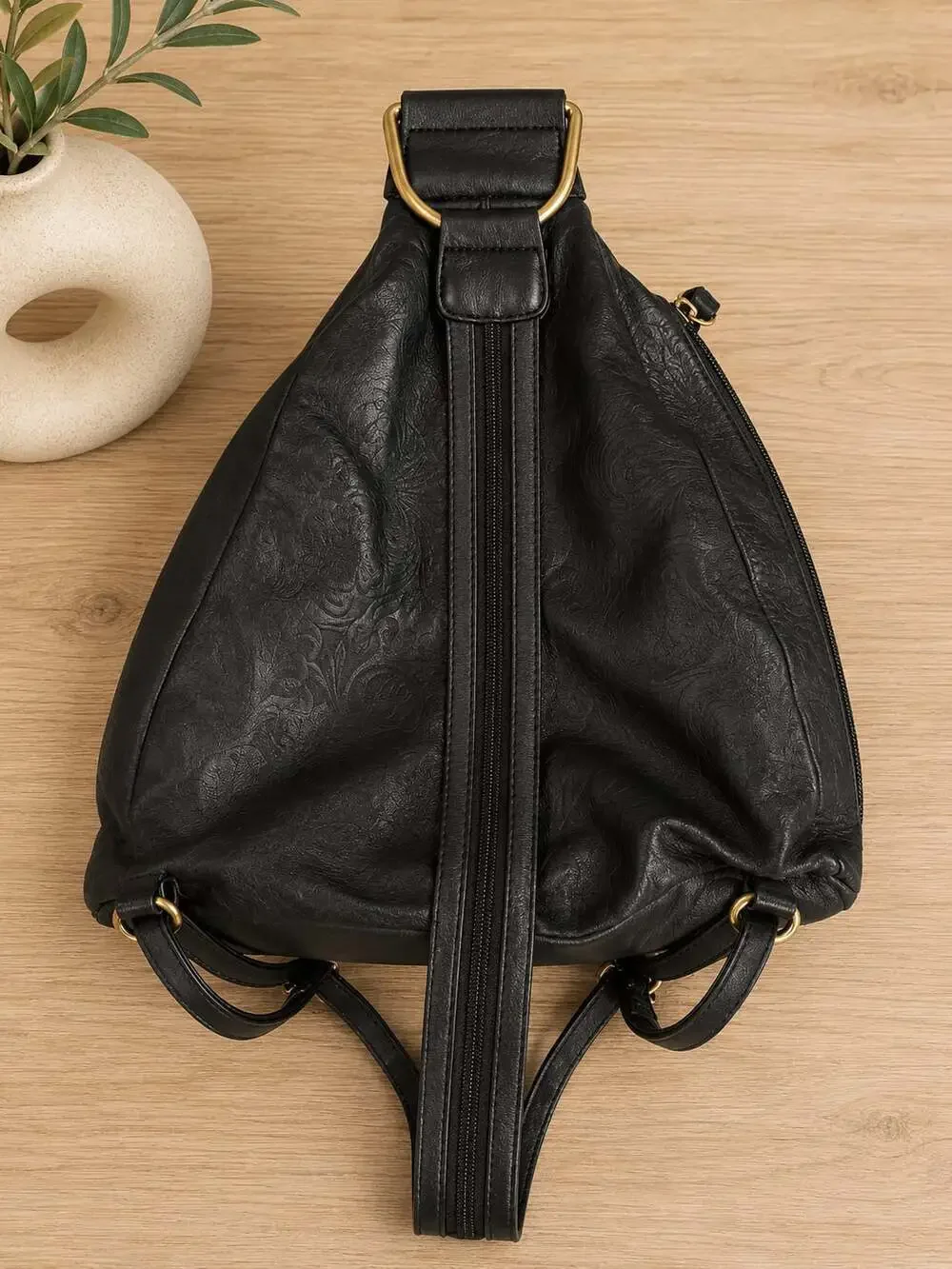 Great American Leather Works Black Leather Sling Backpack Embossed Floral Bag